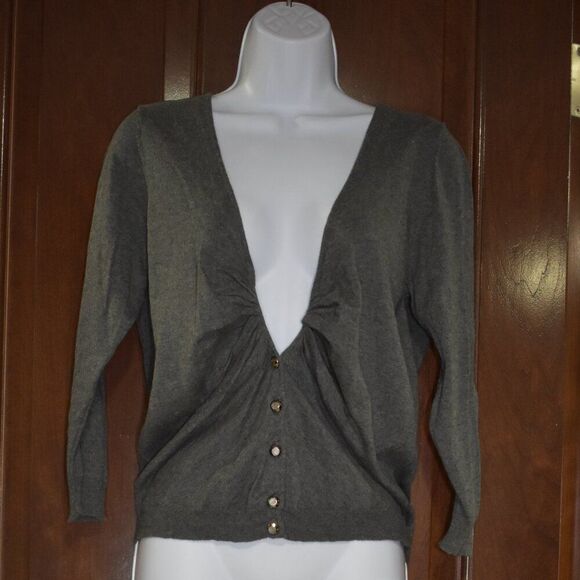 Bisou Bisou Gray Cotton Cardigan Sweater V Neck Button Up Women’s Size Large - Picture 9 of 9
